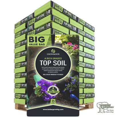 Buy top soil as a pallet deal - options to buy 20, 25, 30, 35, 40, 50, 60 and 70 bags from Jacksons Nurseries. Excellent value.